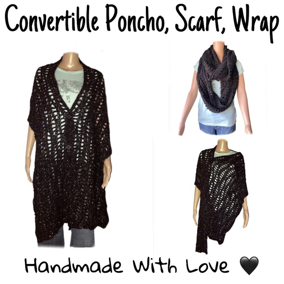 Hand Crafted Accessories - Black & Gold Convertible Scarf Poncho Shawl Wrap Versatile Hand Crocheted OOAK!
